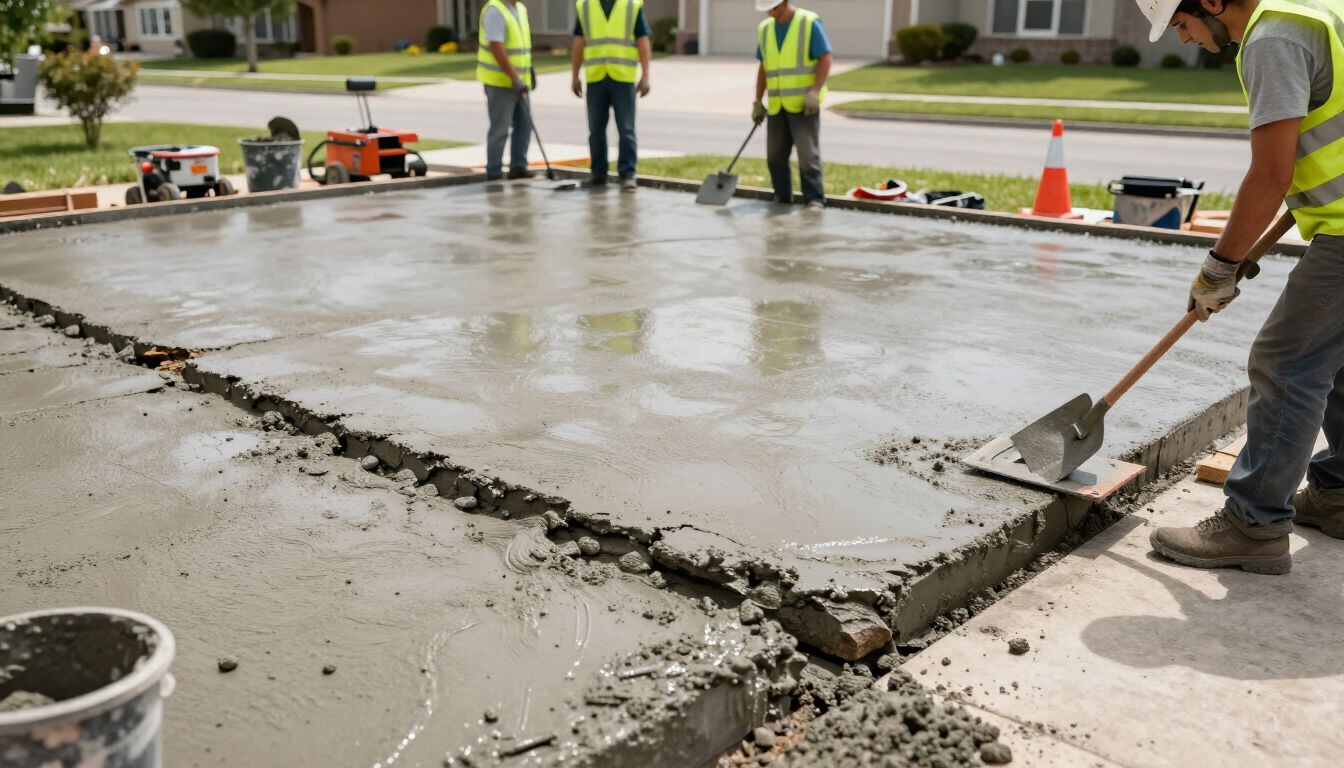 Workers smoothing fresh concrete on a street slab at a roadwork site