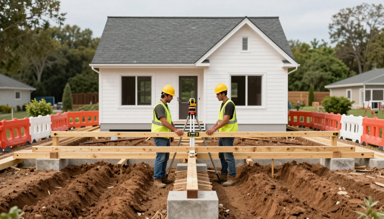 Construction workers framing a house foundation in front of a white home with orange safety barriers