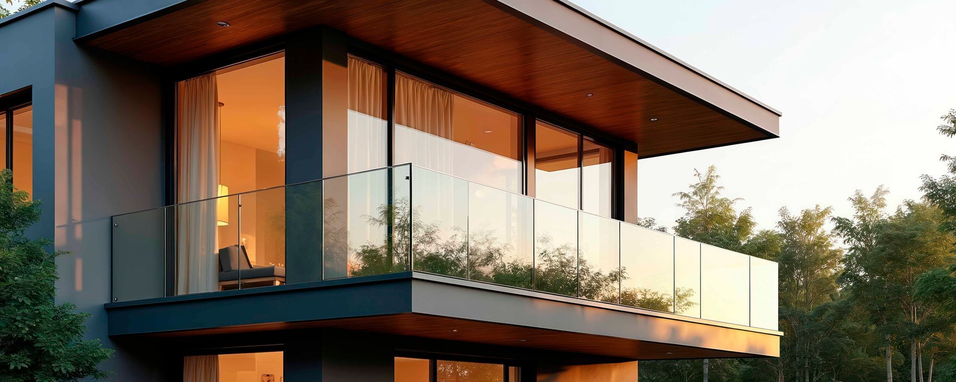 Modern two-story house with large glass balcony, warm interior lighting, and trees outside at dusk