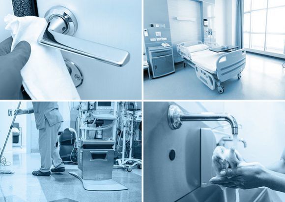 A collage of four pictures of a hospital room