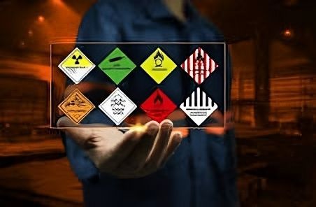 A person is holding a card with warning signs on it.