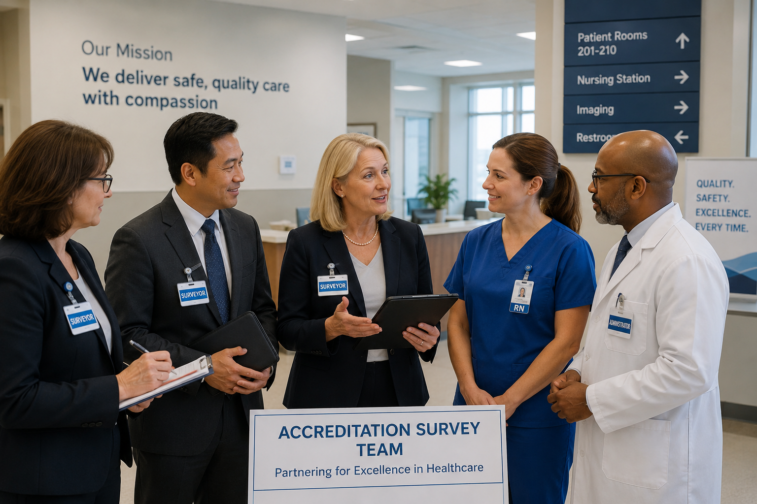 Hospital staff holding tablets during an accreditation survey team visit in a hallway