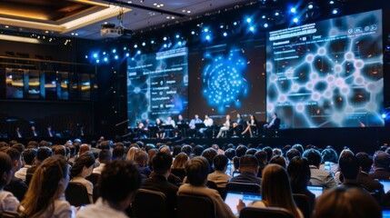 Audience in a large conference hall listens to a panel on stage with screens displaying data visualization.