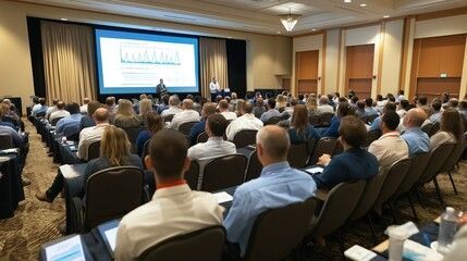 Audience at a conference listens to a presentation on a screen in a large room.
