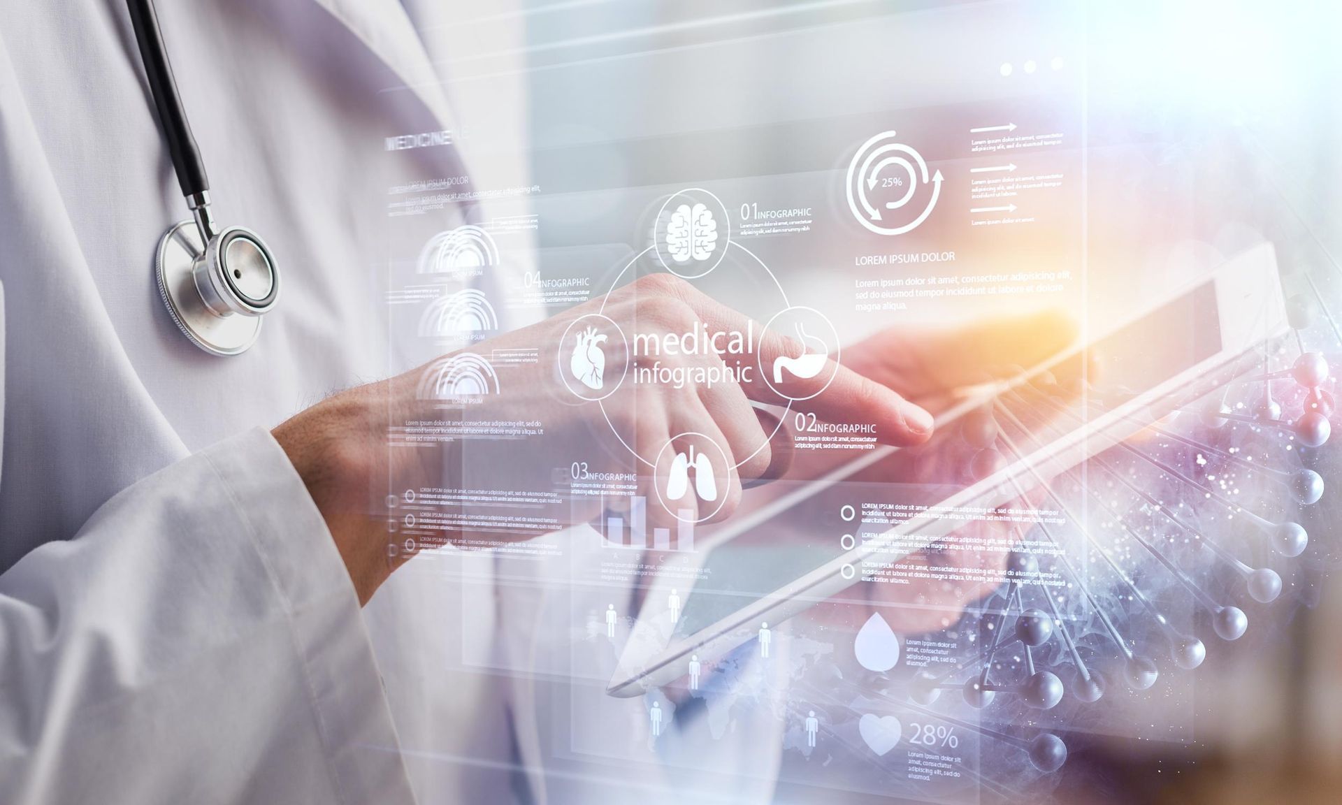 a doctor is using a tablet with a medical infographic on the screen