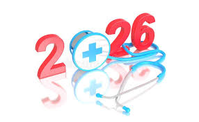 2026 in red numerals, with stethoscope and medical symbol, blue and white, reflecting on white.