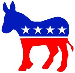 Blue and red donkey with white stars, styled like the U.S. Democratic Party logo