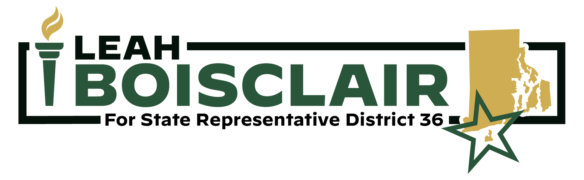 Campaign banner for Leah Boisclair, with green and gold text and star graphic, for State Representative District 36A