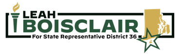Campaign banner for Leah Boisclair, with green and gold text and star graphic, for State Representative District 36A