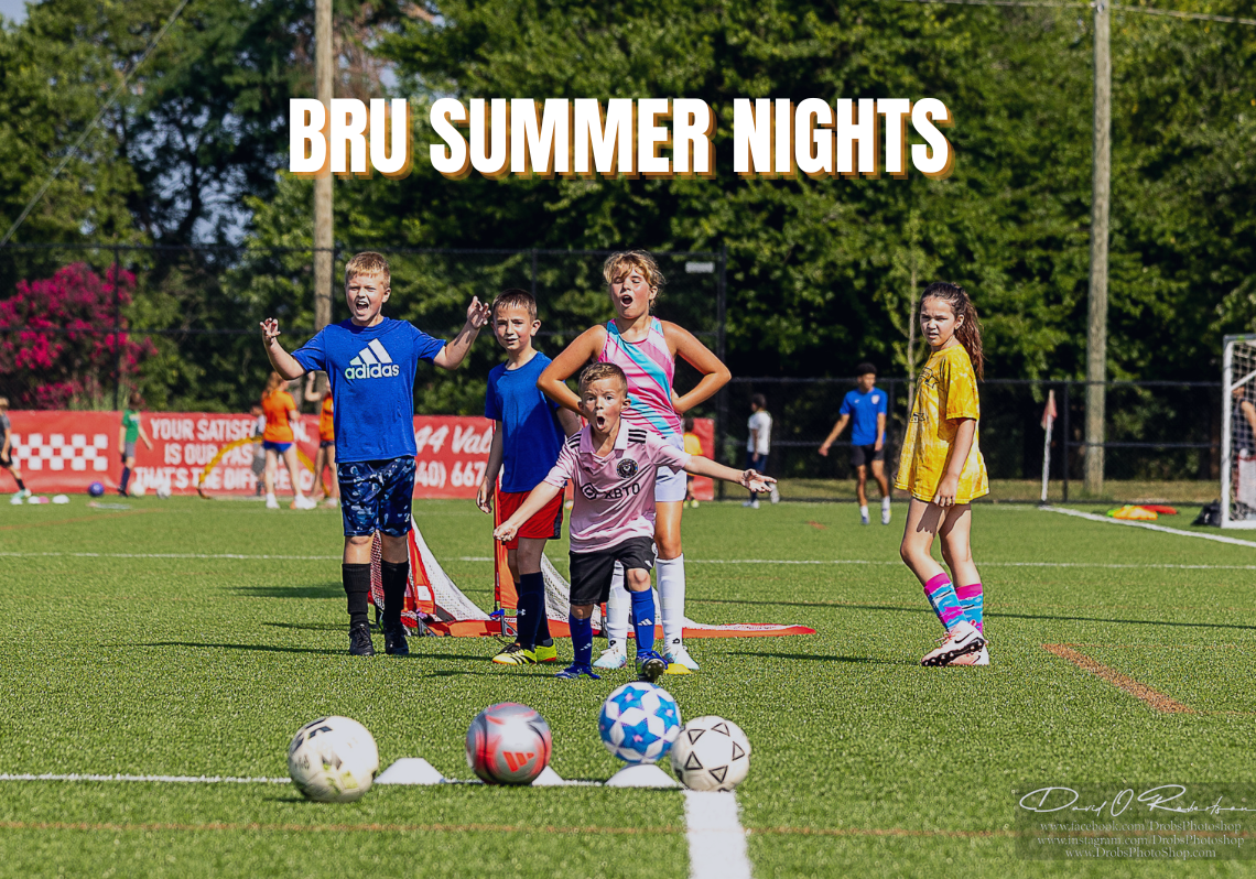 Kids playing soccer on a sunny field with balls in the foreground and “BRU SUMMER NIGHTS” text above