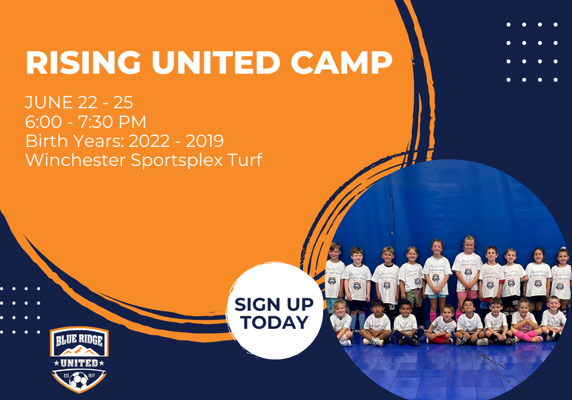 Rising United Camp flyer with orange and blue design, dates, time, sign-up badge, and team photo at bottom right