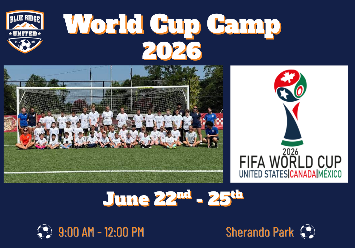 World Cup Camp 2026 poster with team photo, FIFA logo, June 22–25, 9 AM–12 PM at Sherando Park