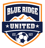 Blue Ridge United soccer club shield logo in blue, white, orange, and navy with a soccer ball