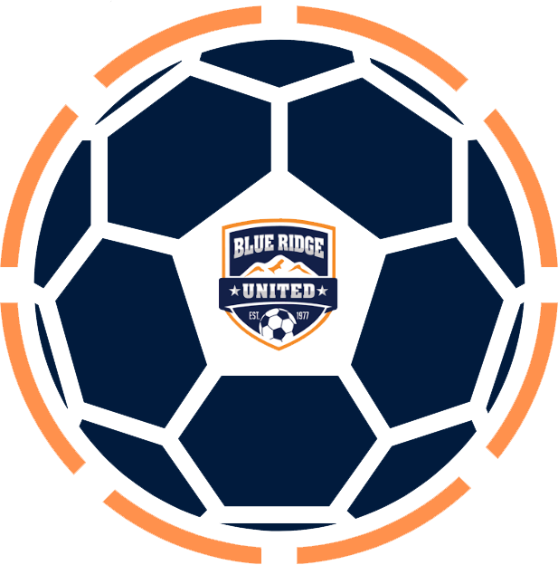 Youth soccer team in orange uniforms posing on a field in front of a goal and net