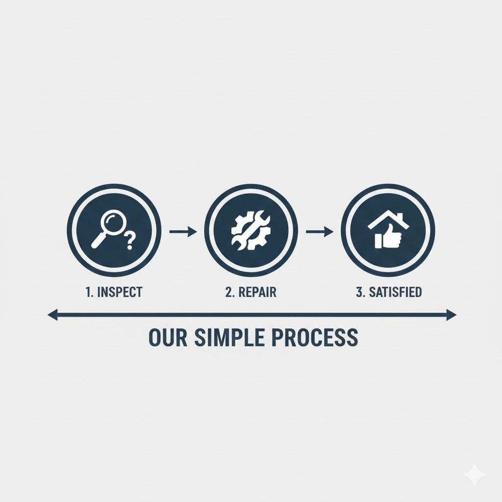 Process diagram: inspection, repair, and satisfied customer with home icon.
