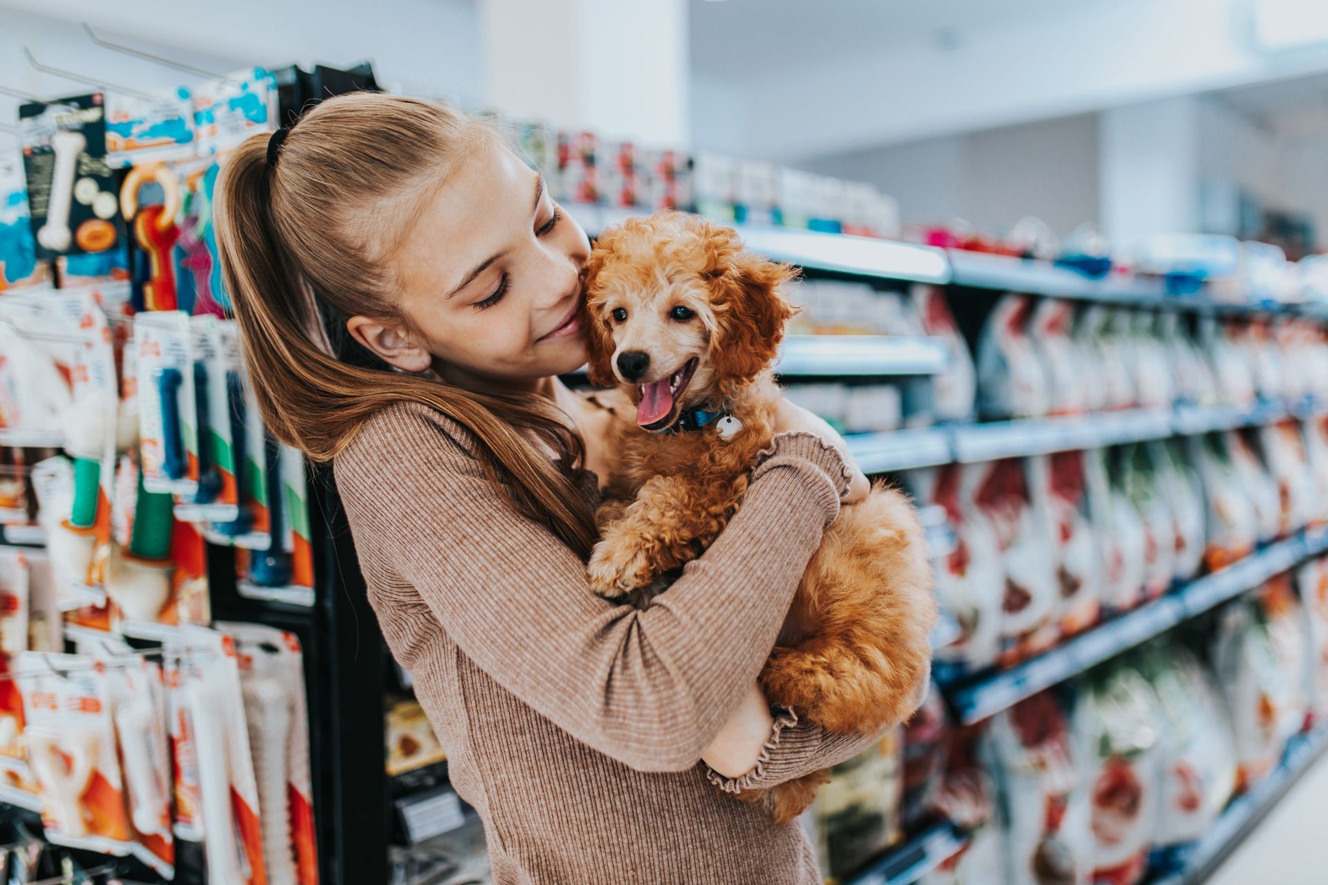 Cute girl with her poodle puppy in pet shop. Cute girl with her poodle puppy in pet shop.