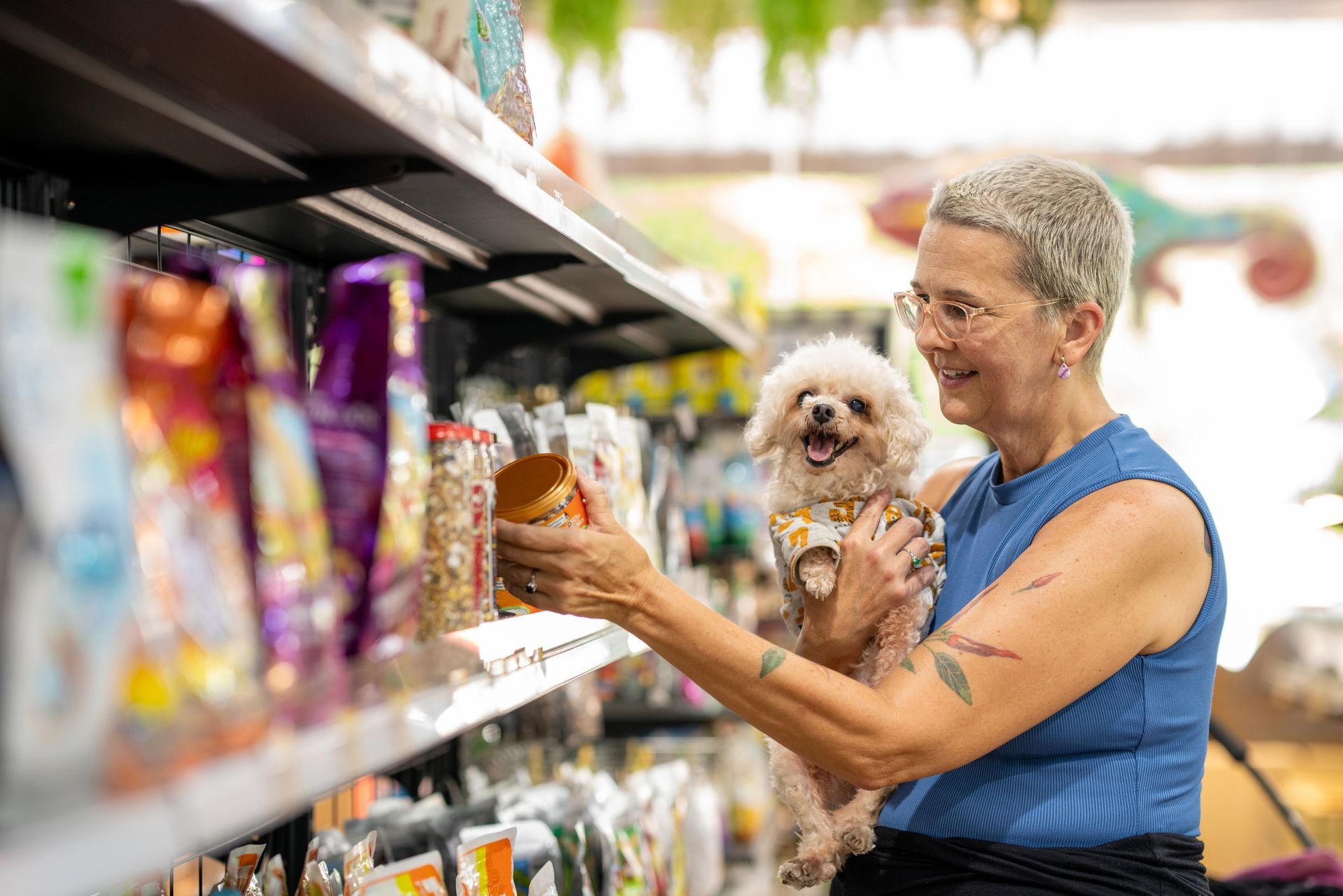 An older woman shops for dog food, inside a pet supply store, while holding her small dog. Woman with dog in pet store, selecting food from shelf. The dog wears a yellow collar.