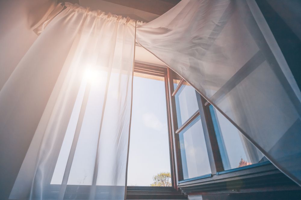 Sheer curtains billowing around an open window with sunlight streaming in — Another Blind Man in Tewantin, QLD
