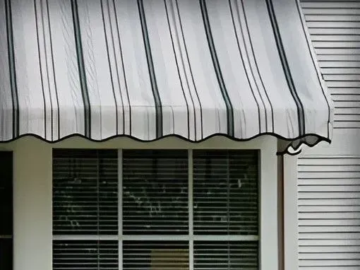 White Striped Awning Over a Window With Dark Blinds on a House Exterior — Another Blind Man in Tewantin, QLD