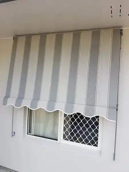 Grey-and-white Striped Awning Over a Window With Scalloped Edge — Another Blind Man in Tewantin, QLD