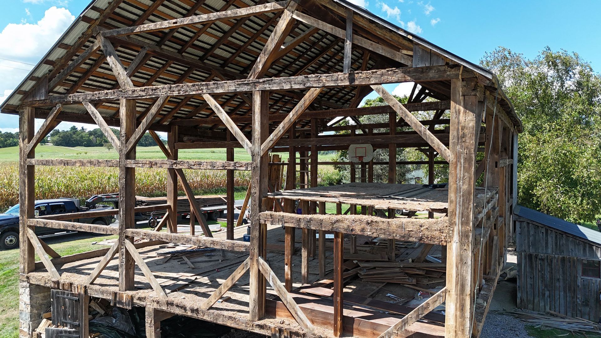 Historic timber frame bent assembled for a Pennsylvania barn restoration project.