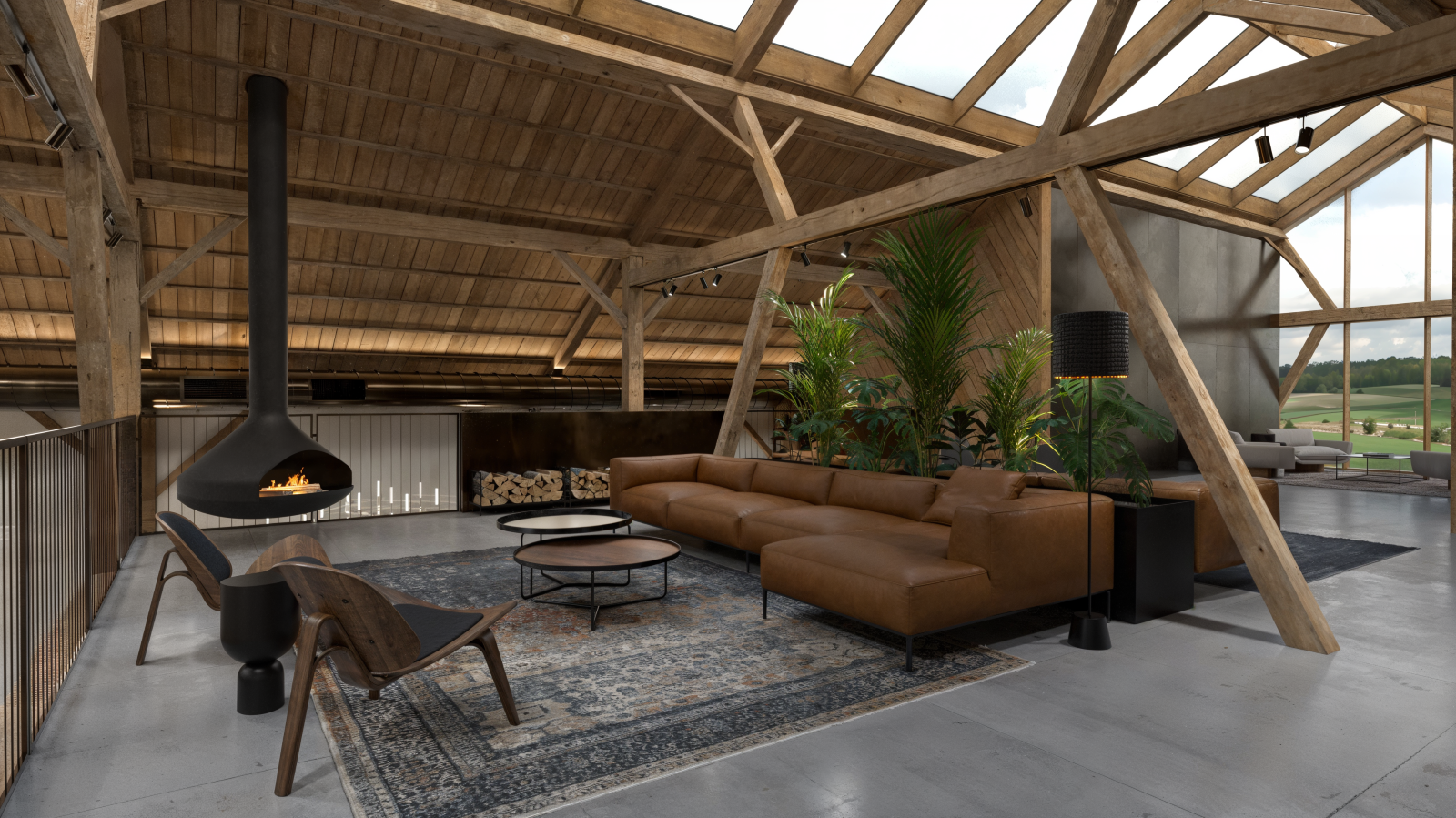 Modern lounge with exposed wooden beams, skylights, and cozy furniture, showcasing a barn turned into house with rustic charm.