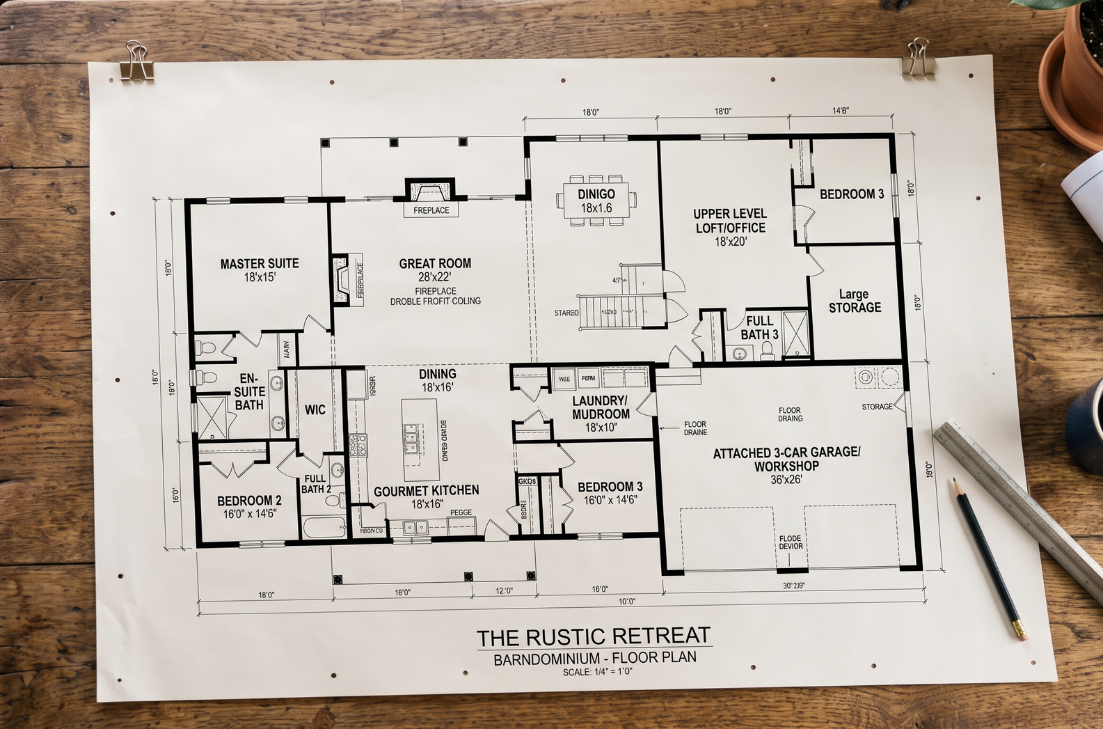 Barndominium floor plans printed and laid out on a desk.