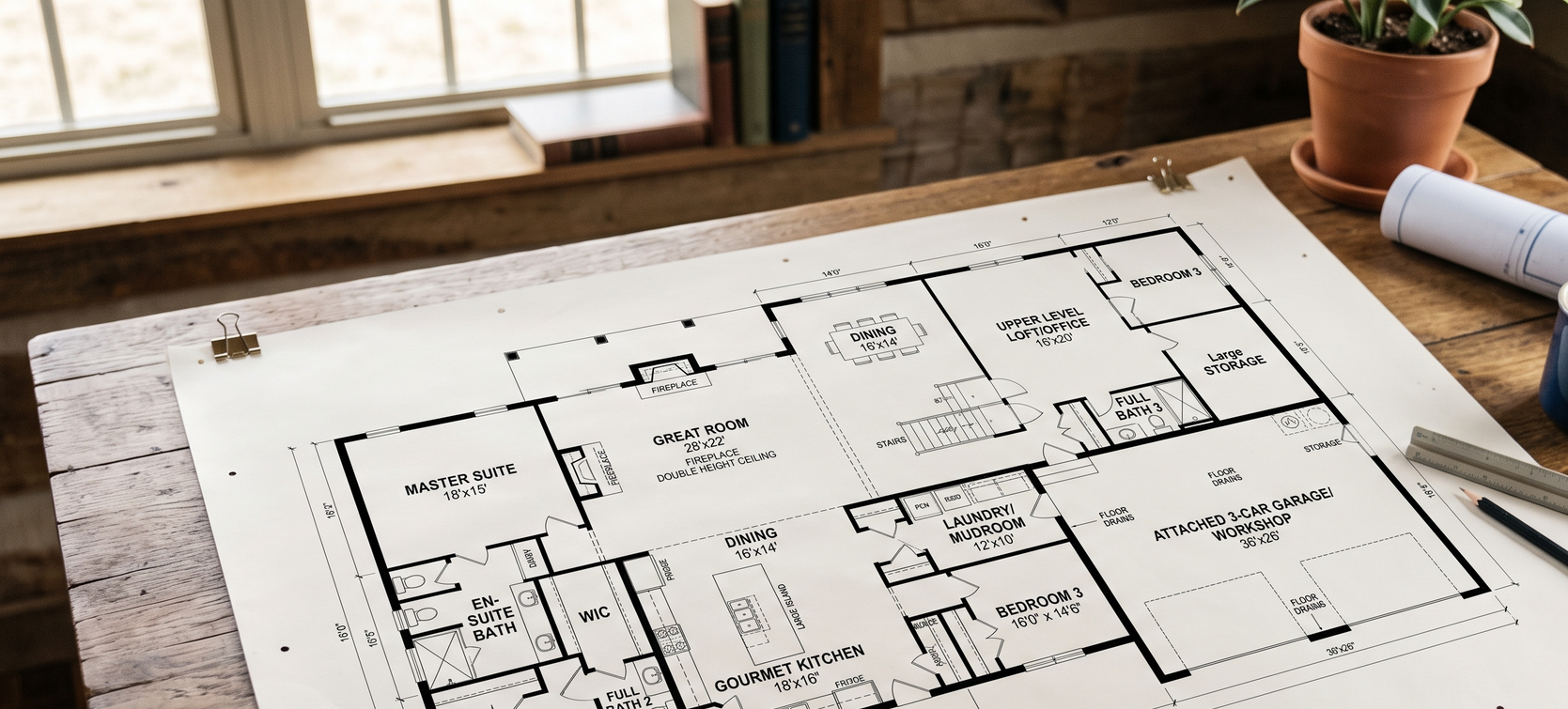 Timber frame house plans laid out on a wood table with rolled blueprints and a potted plant.