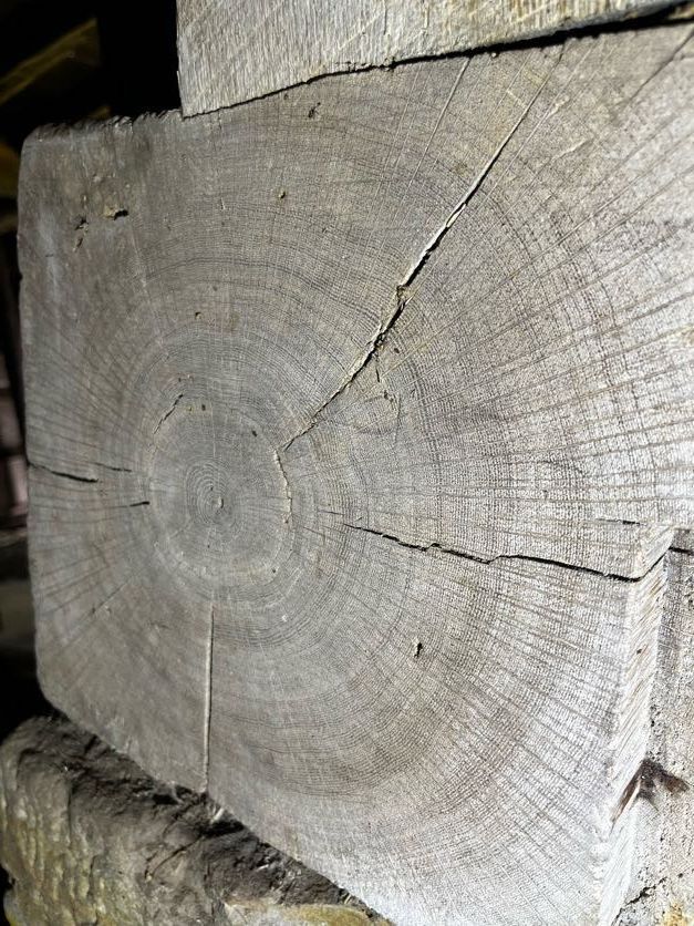Wood checking around the growth rings of a timber beam end in Pennsylvania.