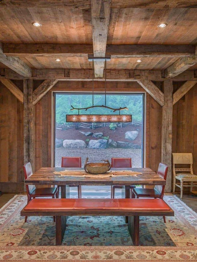 Rustic dining room design in barn style homes.