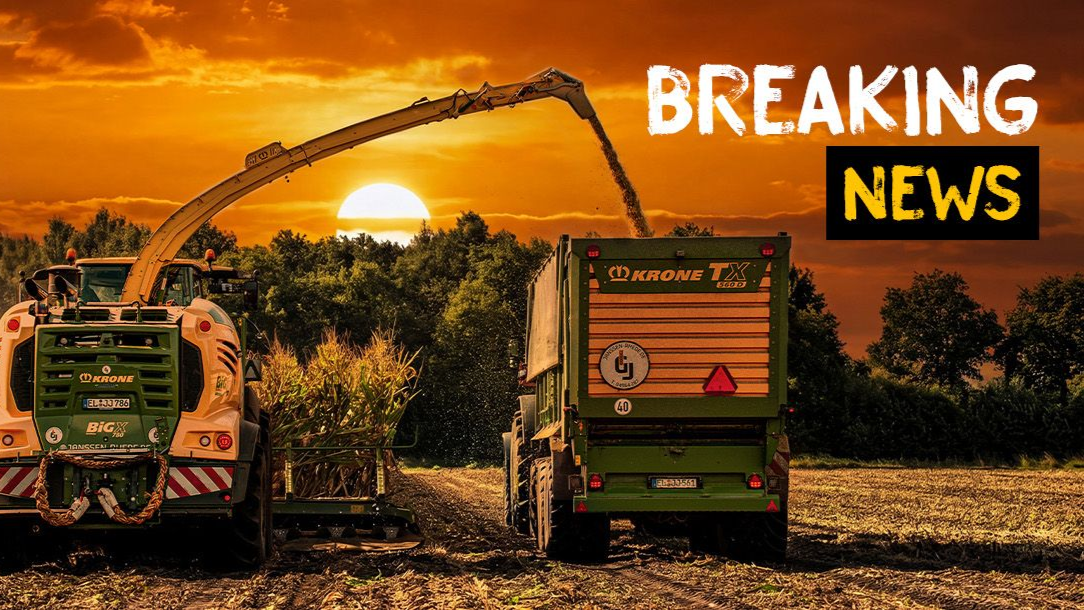 Zwei landwirtschaftliche Maschinen ernten Feldfrüchte im Sonnenuntergang mit dem Text „Eilmeldung“.