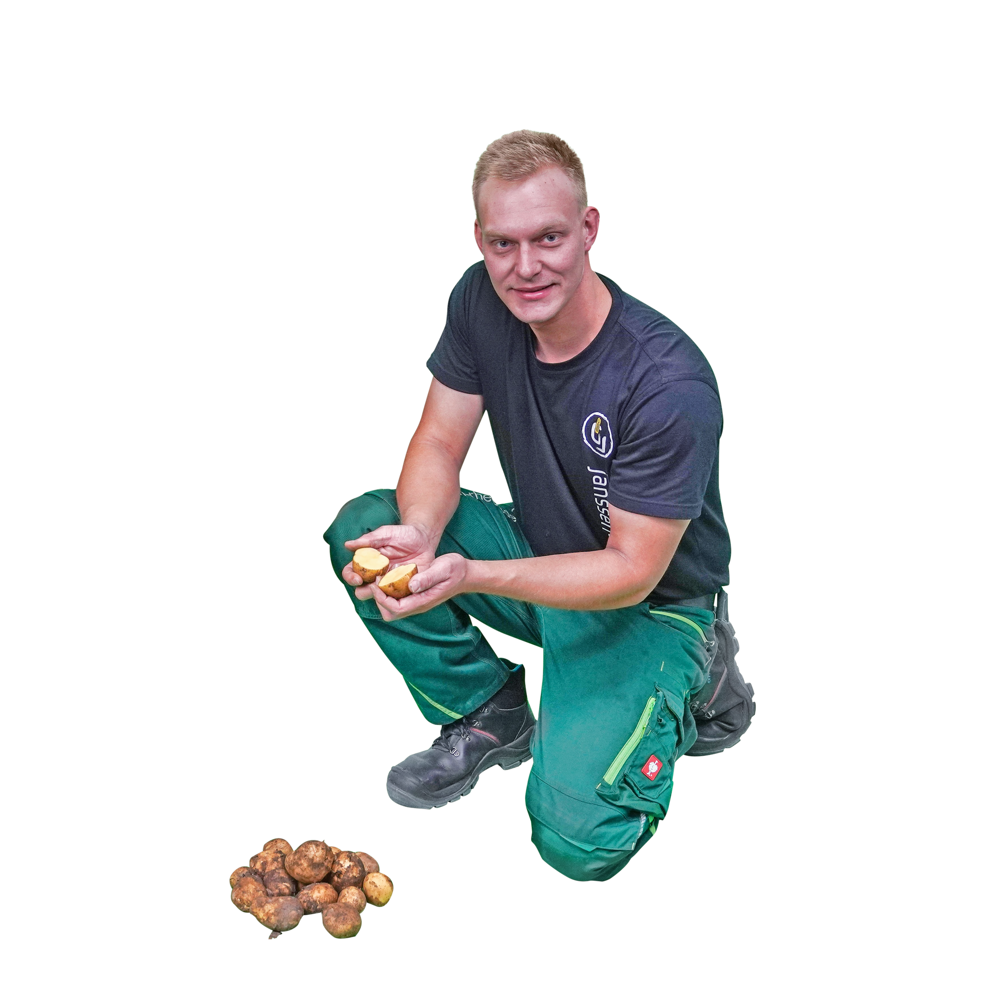 Drei Männer in grünen Hosen und blauen Hemden von Janssen GmbH & Co. KG Rhede/Ems stehen nebeneinander.