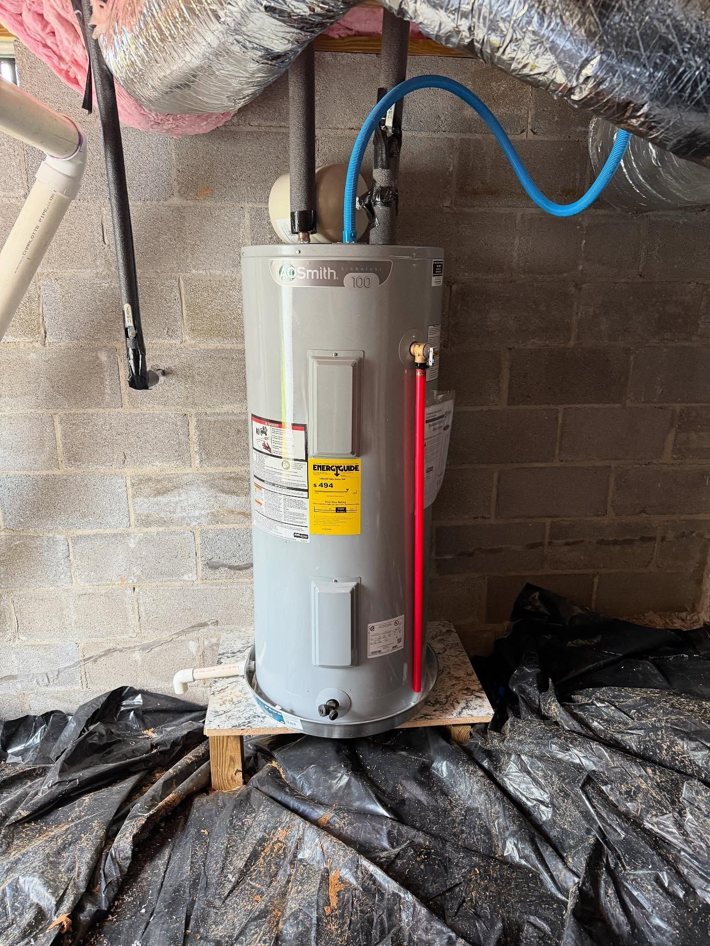 Water heater with blue and red hoses in a basement, sitting on a wooden board over a plastic tarp.