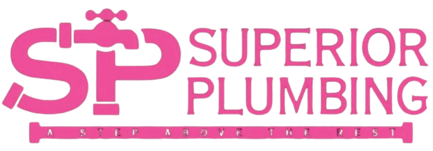 Pink “SP Superior Plumbing” logo with a faucet graphic and a pink pipe underline