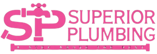 Pink “SP Superior Plumbing” logo with a faucet graphic and a pink pipe underline