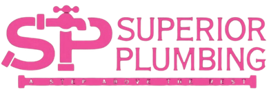 Pink “SP Superior Plumbing” logo with a faucet graphic and a pink pipe underline