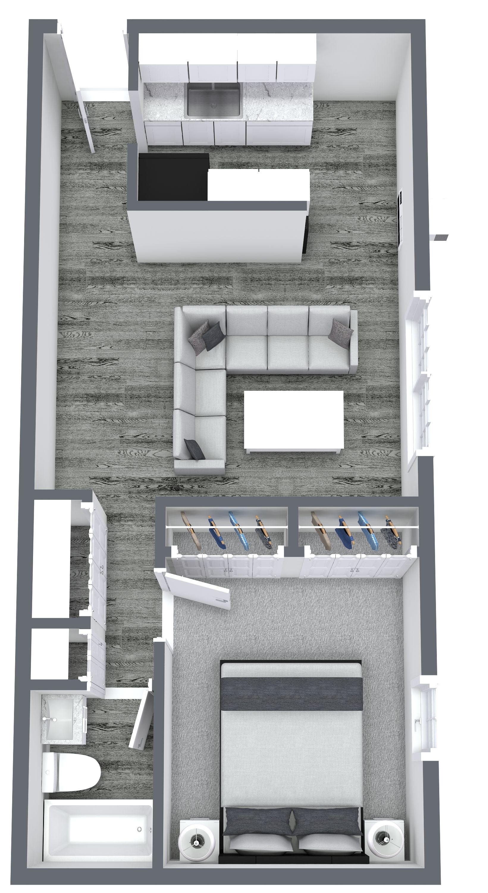Floor plan of a studio apartment with a kitchen, living area, bedroom, and bathroom.