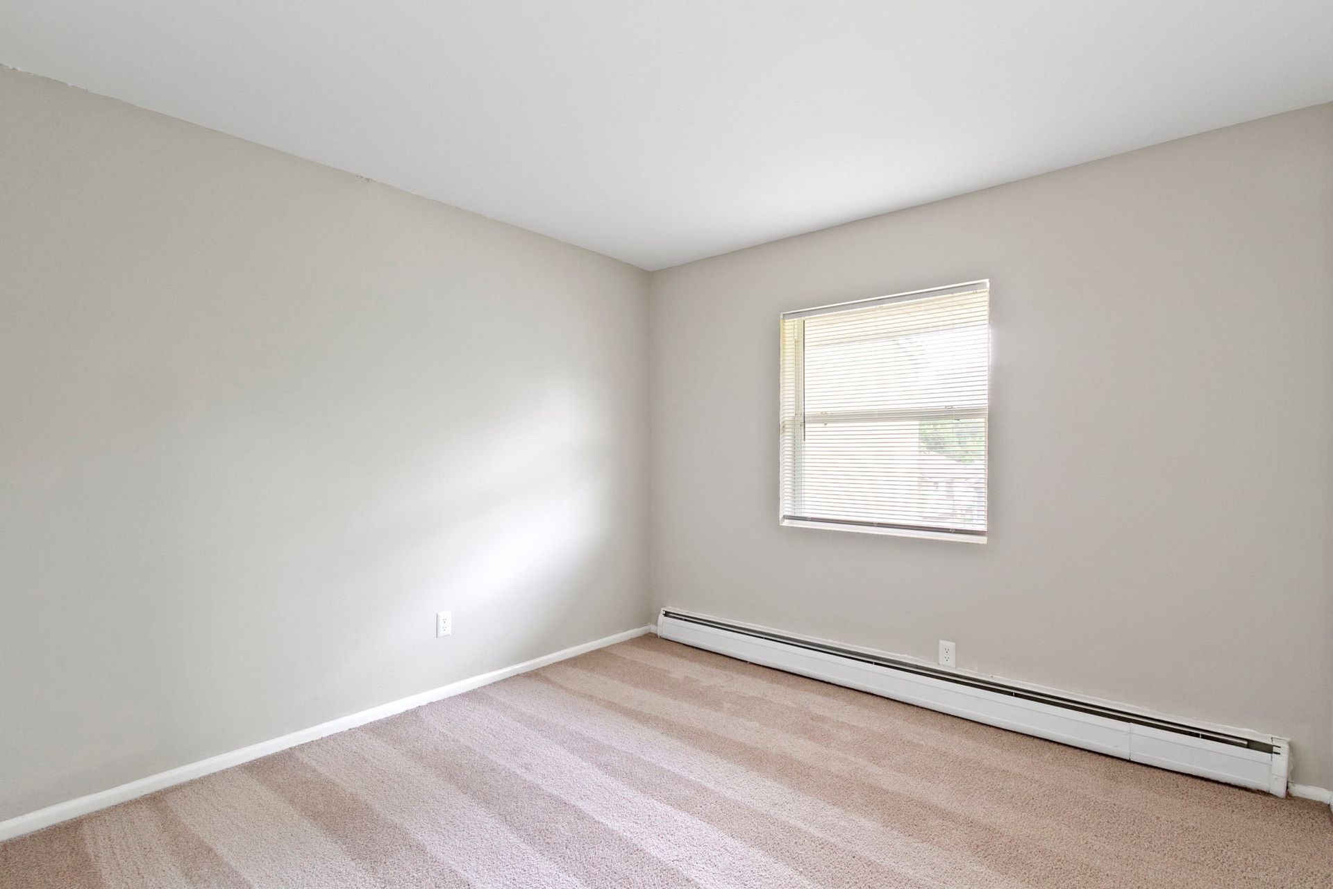 Empty room with beige walls, carpet, a window, and a radiator.