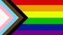 A close up of a rainbow flag with an arrow pointing to the right.