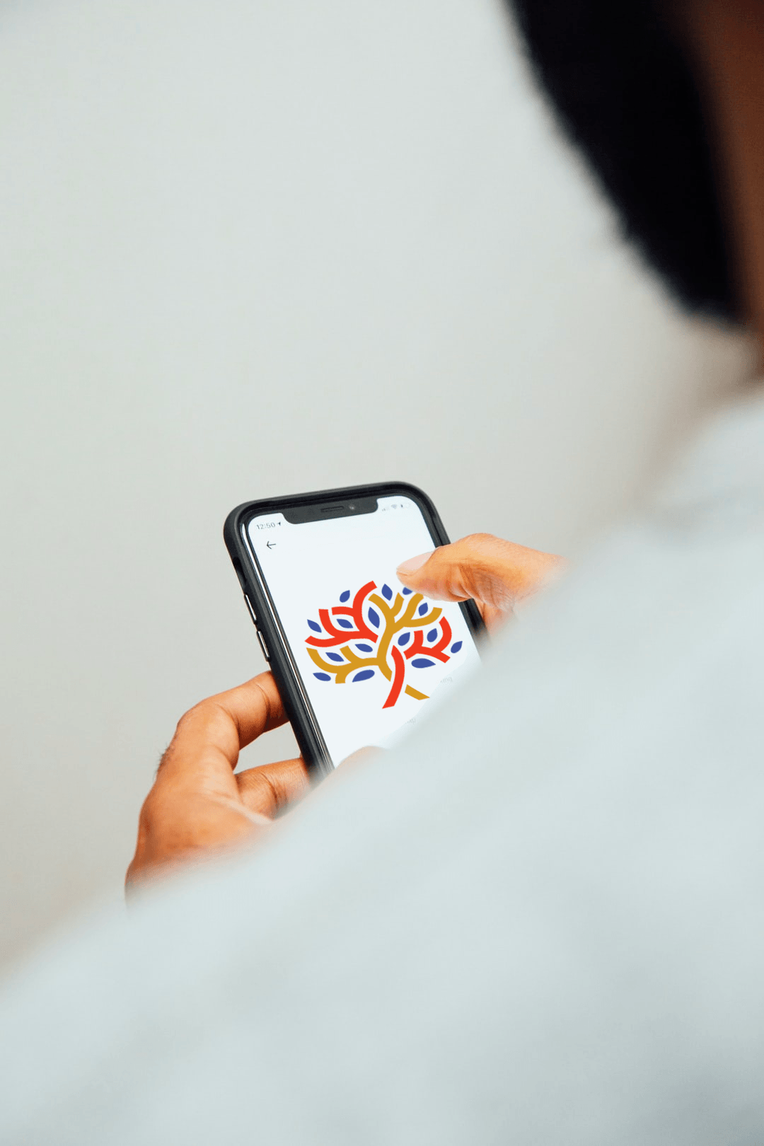 A person is holding a cell phone with a tree on the screen.