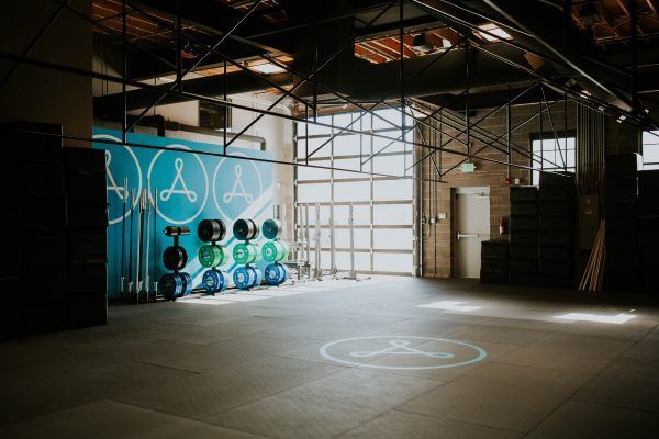 Empty gym with weight plates, blue wall art, and open garage door.