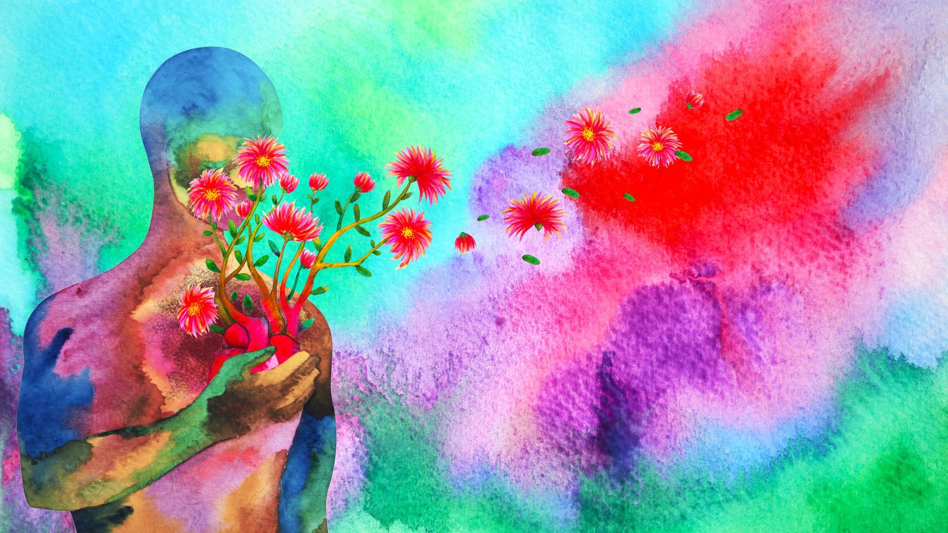 A colorful watercolor painting of a person with flowers growing from their heart, and bursts of color.