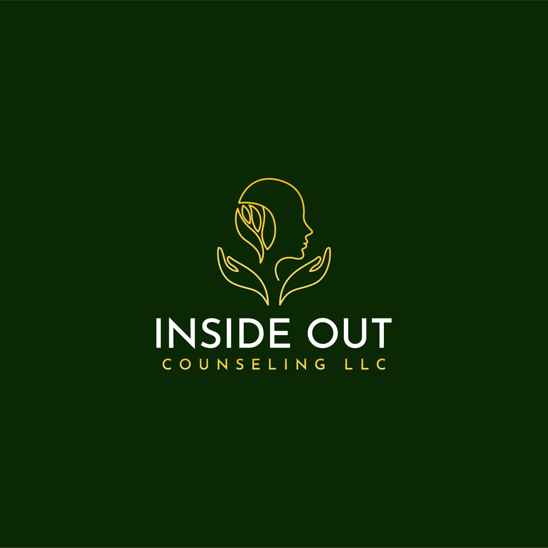 Logo for Inside Out Counseling LLC. A gold outline depicts a head, hands, and leaves on a dark green background.