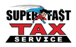 Superfast Tax Service logo: superhero flying above "TAX" in red, text "SUPERFAST" and "SERVICE".
