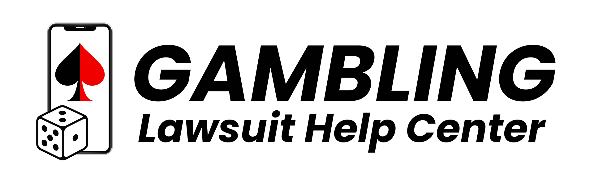 Gambling Lawsuit Help Center logo with a die, spade, and phone icon in black and red