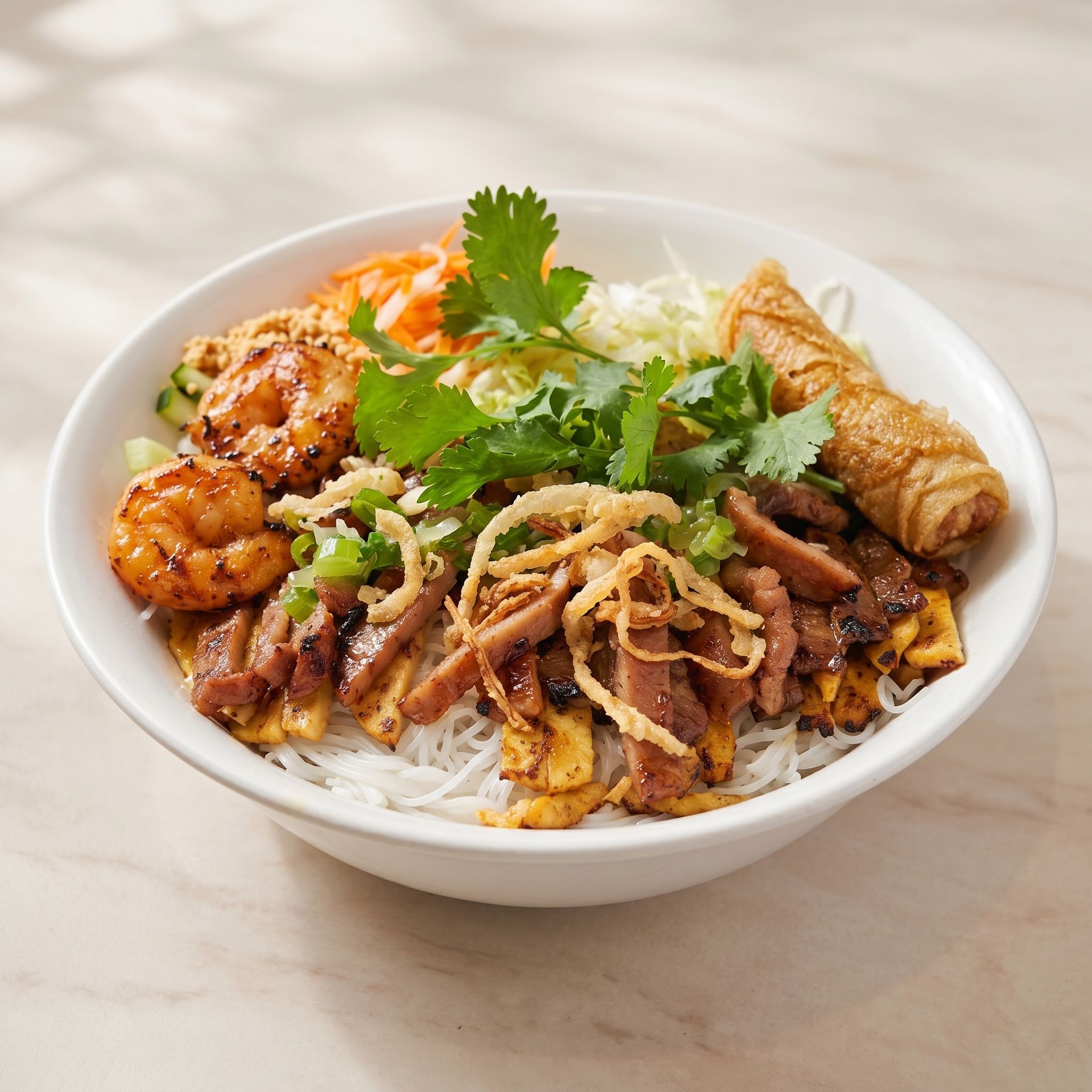 Bowl of rice topped with grilled shrimp, beef, crispy wontons, and cilantro