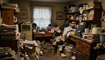 Cluttered, messy room with piles of papers, clothes, and dishes, and shelves packed with household items