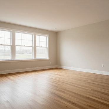 Bright empty room with boxes and a potted plant, suggesting moving or unpacking
