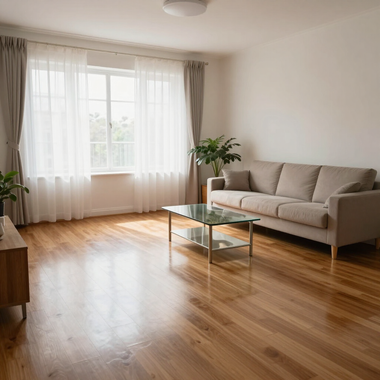 Bright living room with a gray sofa, glass coffee table, large window, and wooden floor