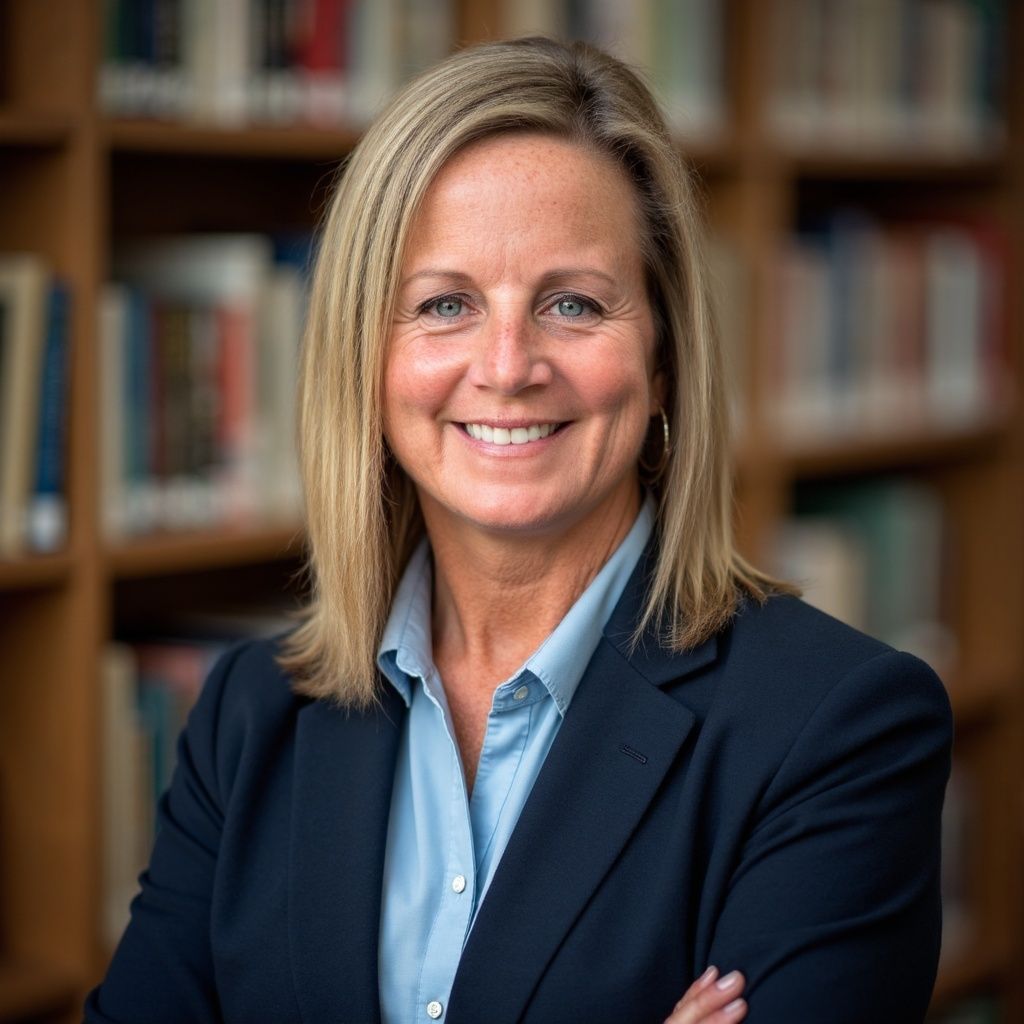 Professional headshot of a smiling woman in a navy blazer standing in front of bookshelves